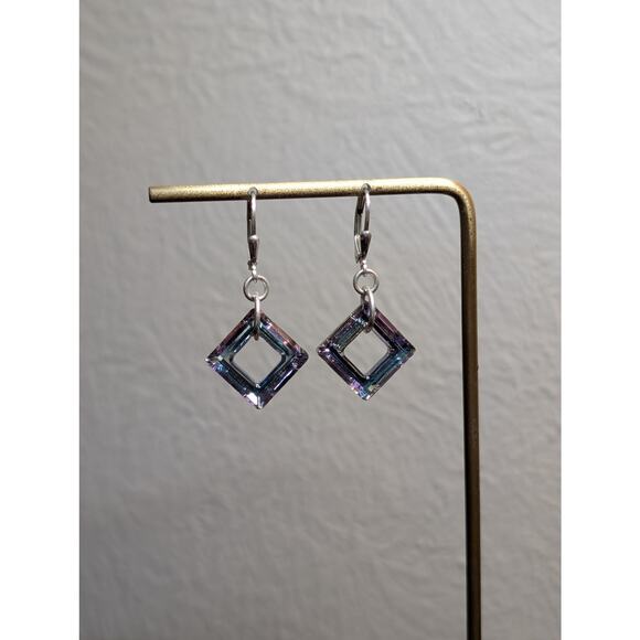 925 Sterling Silver Square Shape Austrian Crystal Drop Lever Back Earrings - Picture 6 of 6
